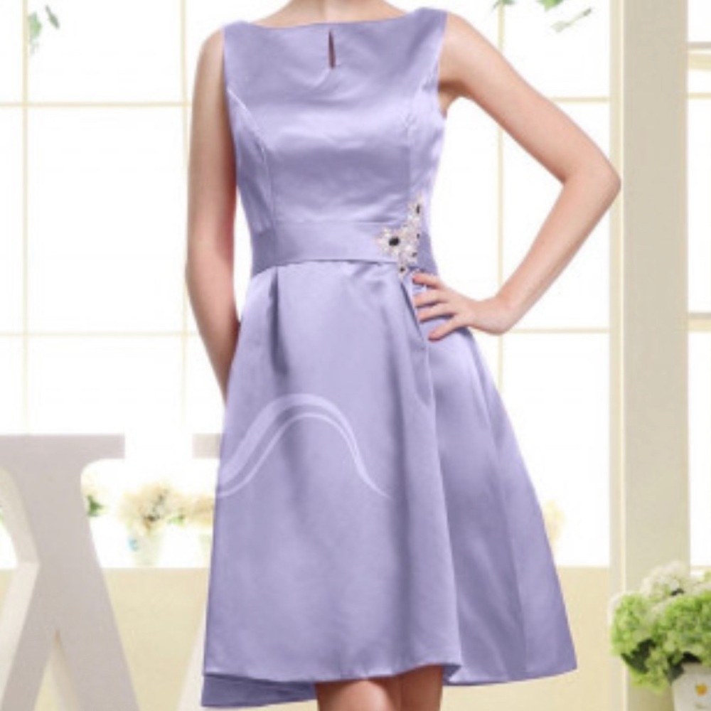 Satin Party Dress Sleeveless Boat Neck Fit & Flare White Embroidery & Beads 14